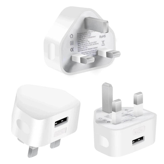 3 Pack UK USB Wall Charger Plug – 5V/2A High-Efficiency Mains Adapter, 10W Fast Charging for iPhone & Samsung