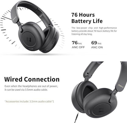 Havit H655BT Hybrid ANC Bluetooth Headset – On-Ear, 65 Hour Battery, Dual Device Support, ENC Clear Calls (BEIGE)
