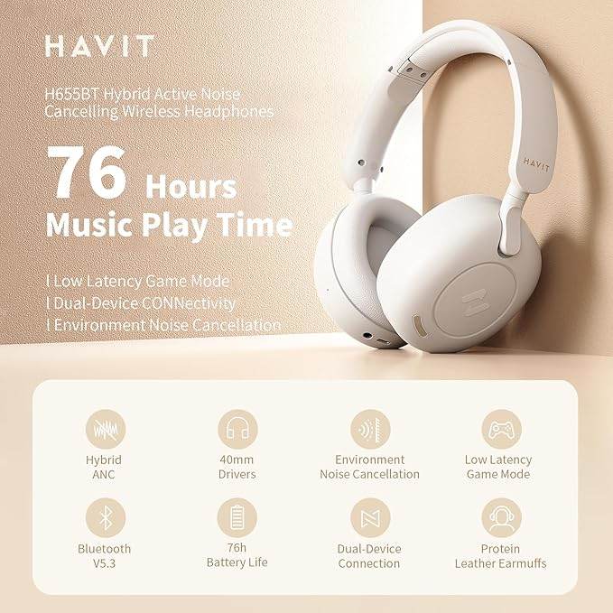 Havit H655BT Hybrid ANC Wireless Headphones – Over-Ear, Active Noise Cancellation, Bluetooth 5.3, Hi-Fi Sound, 60-Hour Playtime (Black)