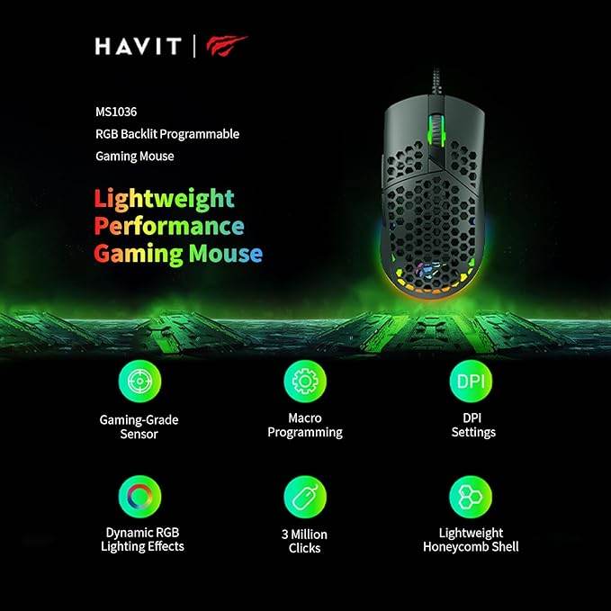 Havit MS1036 RGB Gaming Mouse – 7200 DPI, 7 Programmable Keys, Ergonomic Design (Black)