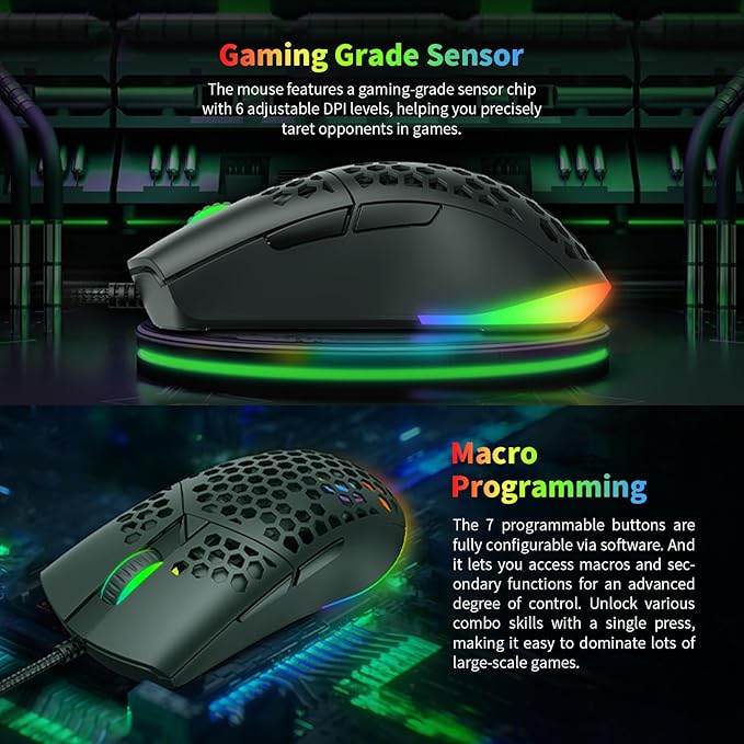 Havit MS1036 RGB Gaming Mouse – 7200 DPI, 7 Programmable Keys, Ergonomic Design (Black)