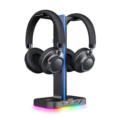 Havit TH650 RGB Headphone Stand – Dual Headset Holder, 2 USB Ports, Phone Stand (Black)
