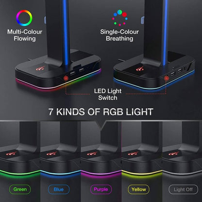 Havit TH650 RGB Headphone Stand – Dual Headset Holder, 2 USB Ports, Phone Stand (Black)