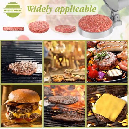 HTT Global Adjustable Burger Press – Double Aluminium Patty Maker with Wood Handle & 100 Wax Discs (Non-Stick)