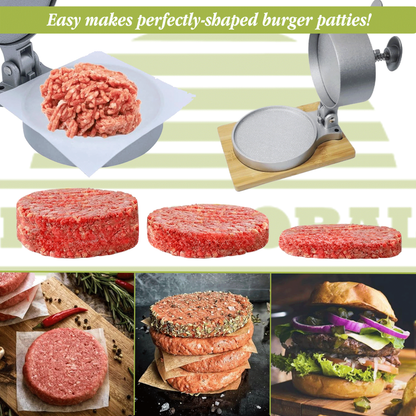 HTT Global Adjustable Burger Press – Double Aluminium Patty Maker with Wood Handle & 100 Wax Discs (Non-Stick)