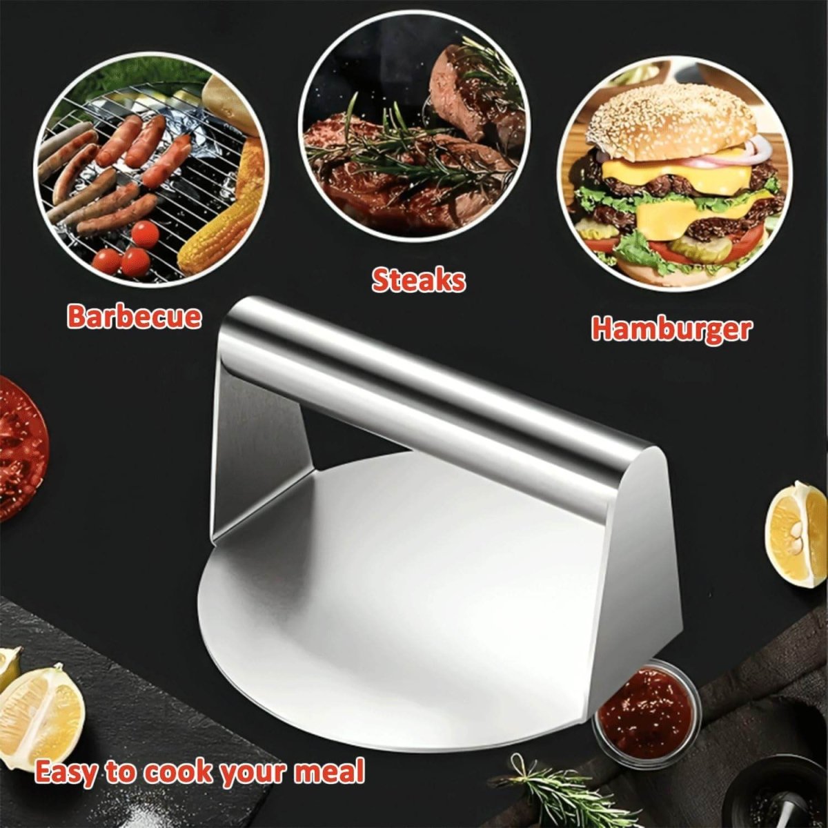 HTT GLOBAL Smash Burger Press & Griddle Kit – Stainless Steel Smasher, Spatula, Melting Dome & Wax Discs