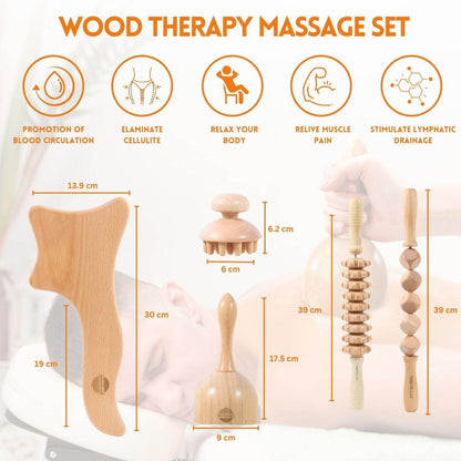 HTT GLOBAL Wood Massage Tools Set (3/5/7 Pcs) – Maderotherapy Kit for Gua Sha, Lymphatic Drainage & Cellulite Reduction