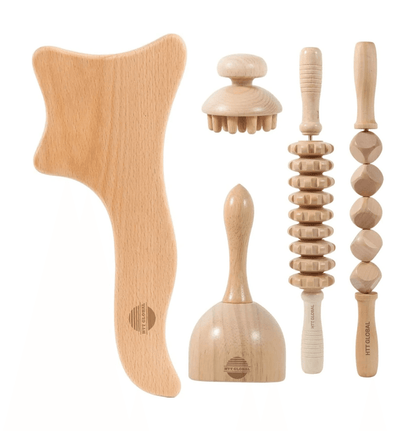 HTT GLOBAL Wood Massage Tools Set (3/5/7 Pcs) – Maderotherapy Kit for Gua Sha, Lymphatic Drainage & Cellulite Reduction