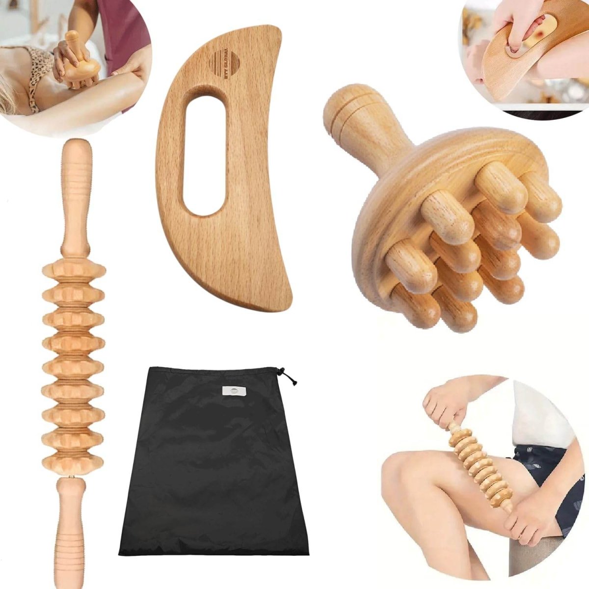 HTT GLOBAL Wood Massage Tools Set (3/5/7 Pcs) – Maderotherapy Kit for Gua Sha, Lymphatic Drainage & Cellulite Reduction