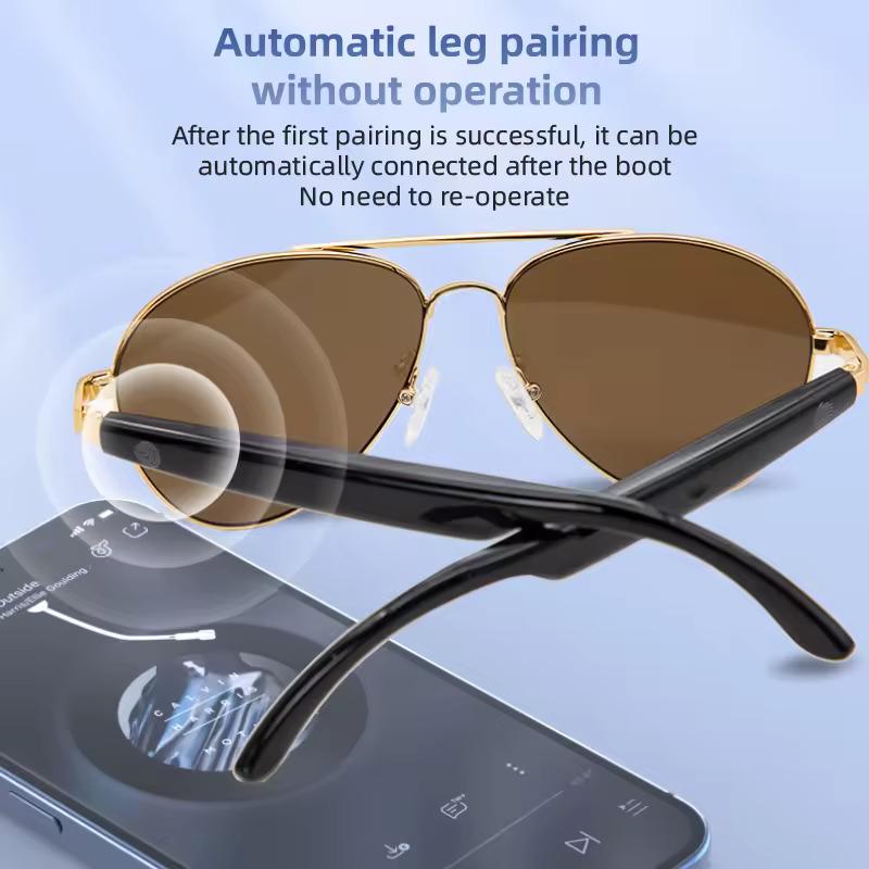 Smart Glasses Headset Wireless Bluetooth Sunglasses – Open-Ear Audio, Hands-Free Calling, UV Protection (HY1002 Gold/Grey)