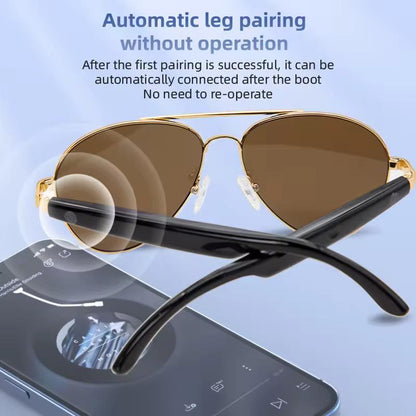 Smart Glasses Headset Wireless Bluetooth Sunglasses – Open-Ear Audio, Hands-Free Calling, UV Protection (HY1002 Gold/Grey)