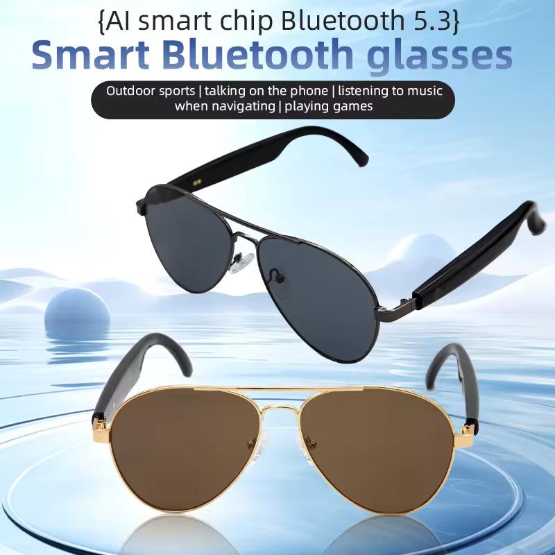 Smart Glasses Headset Wireless Bluetooth Sunglasses – Open-Ear Audio, Hands-Free Calling, UV Protection (HY1002 Gold/Grey)