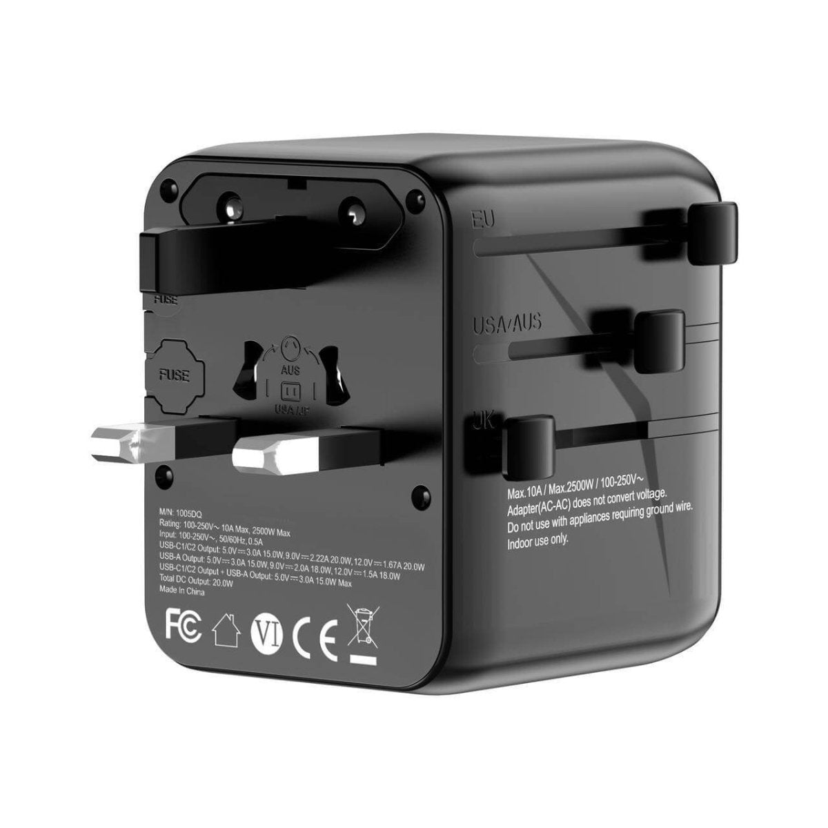 Universal Travel Adapter – All-in-One with 2 USB-C, 1 USB-A | Worldwide Plug Support (US, UK, EU, AU)
