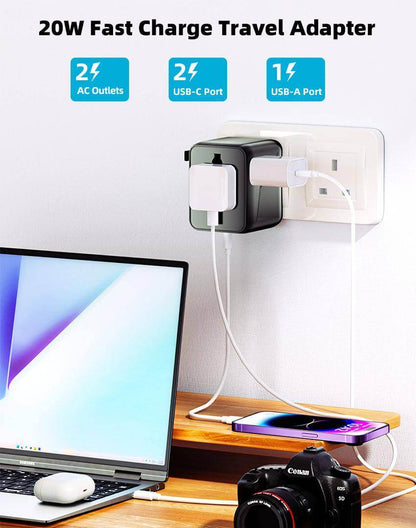 Universal Travel Adapter – All-in-One with 2 USB-C, 1 USB-A | Worldwide Plug Support (US, UK, EU, AU)