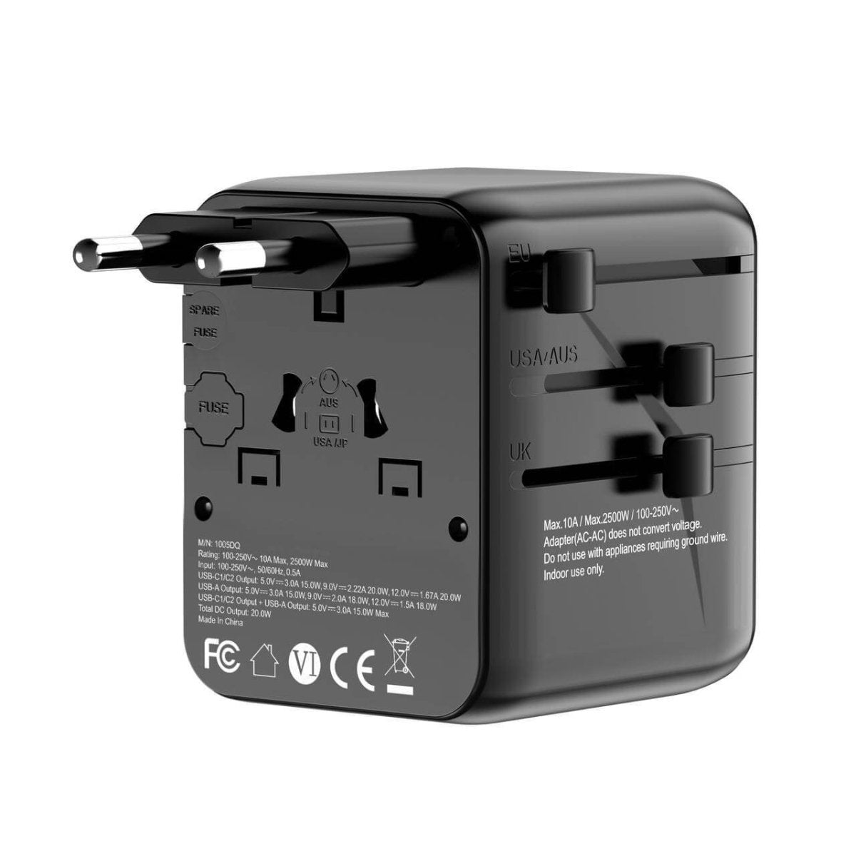 Universal Travel Adapter – All-in-One with 2 USB-C, 1 USB-A | Worldwide Plug Support (US, UK, EU, AU)