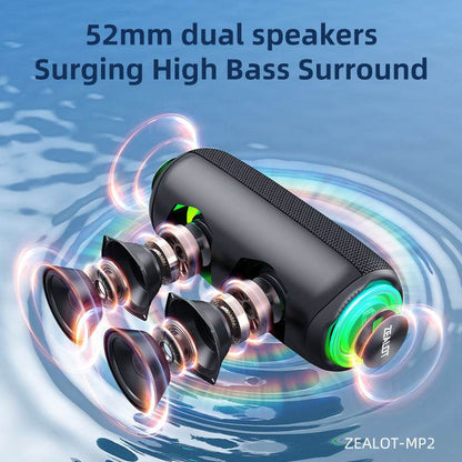 ZEALOT-MP2 Portable Bluetooth Speaker – IPX5 Waterproof, 360° Stereo Sound, Camping & Hiking